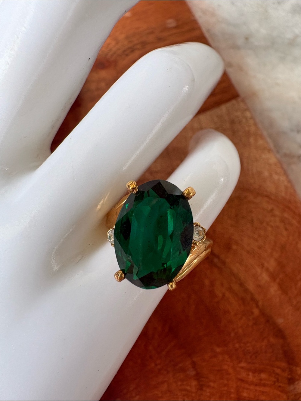 Gold-Tone Ring with Emerald Green Oval Stone - Size 5